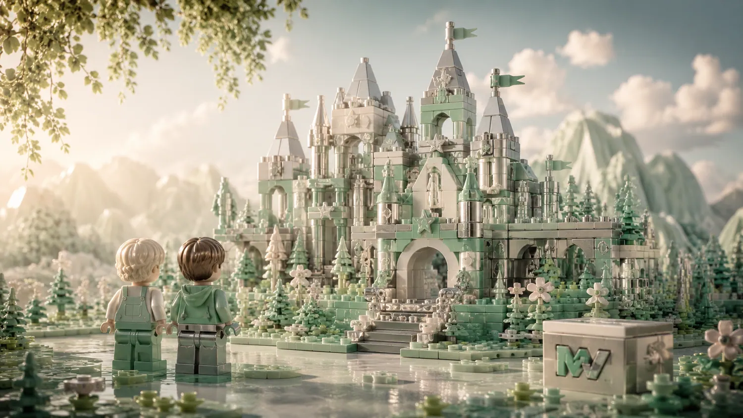 Twee figuren kijken naar een groot kasteel van LEGO-bouwstenen