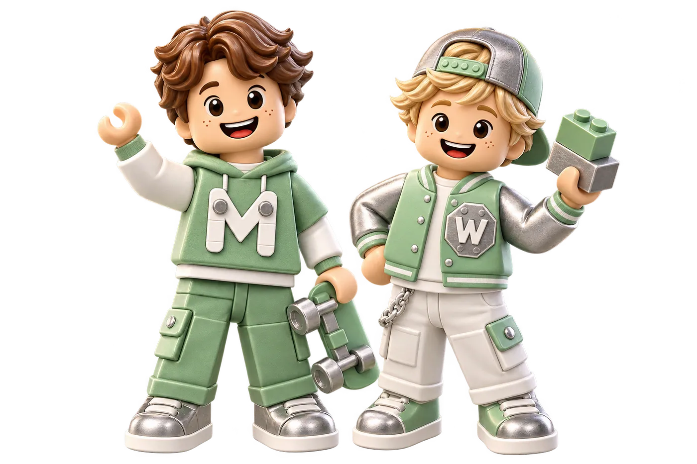 Twee figuren van Mees en Willem met een LEGO-bouwsteen en skateboard